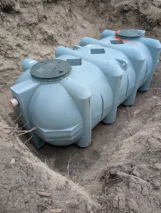 Installation of a durable low-profile polyethylene septic tank for a standard gravity trench system on a residential property in the Okanagan.