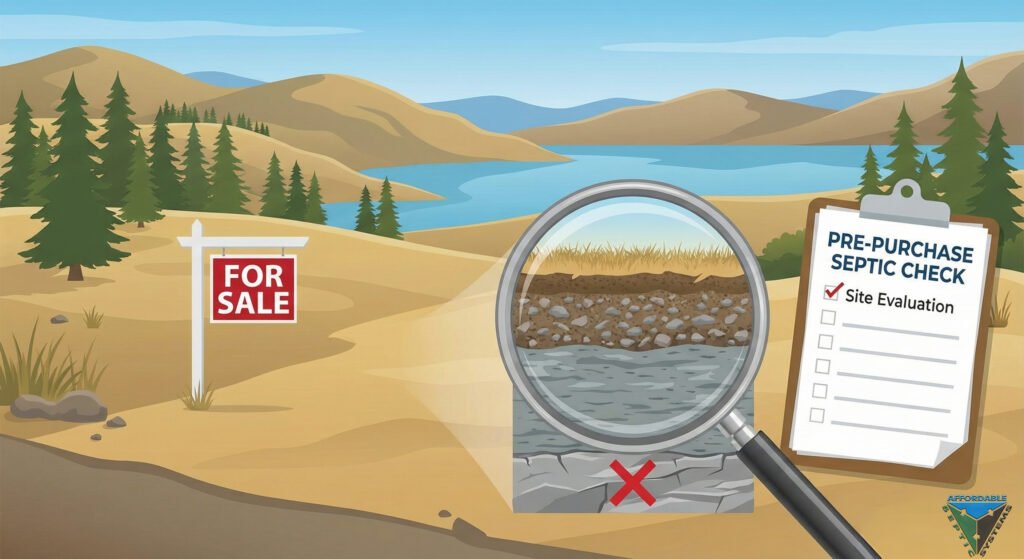 Illustration of a "For Sale" lot in the Okanagan with a magnifying glass inspecting soil layers for septic suitability. Features the text "Pre-Purchase Septic Check" and the Affordable Septic Systems logo.