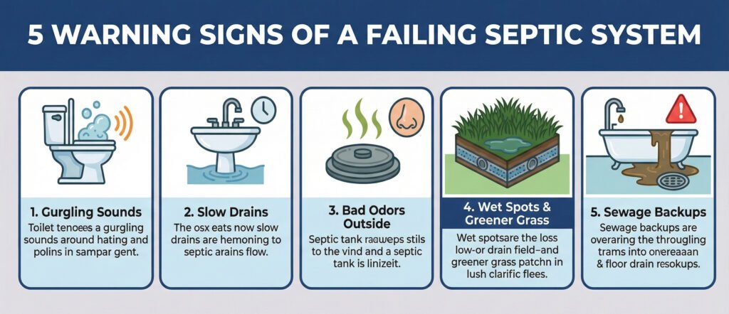 Diagram showing signs of a failing septic system including surface water, lush grass over the drain field, and clogged pipes