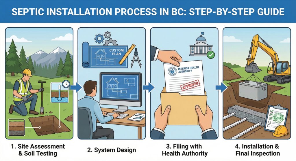 Infographic illustration detailing the four-step septic system installation process in British Columbia: site assessment and soil testing, custom system design, filing paperwork with the Interior Health Authority, and final tank installation with inspection.