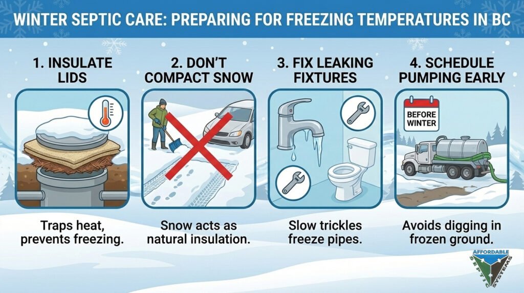 Winter scene of a home in British Columbia showing a septic system under snow, illustrating winter maintenance and insulation tips